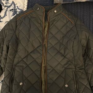 Army green jacket with brown piping. 24 inches long